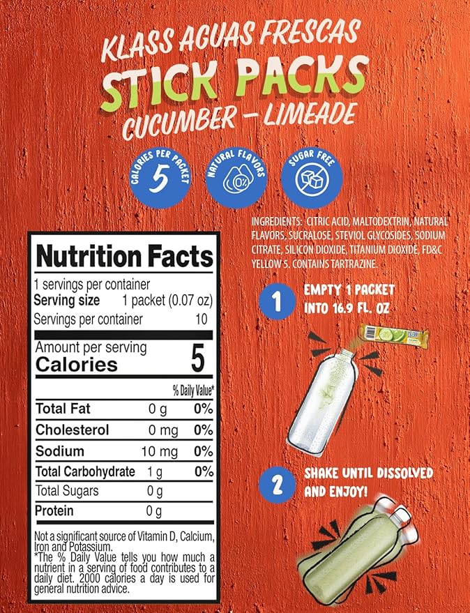 Klass Aguas Frescas | Drink Mix Cucumber Limeade | Sugar Free Drinks! (40 Count Powder Stick Packets) (Pack of 2)