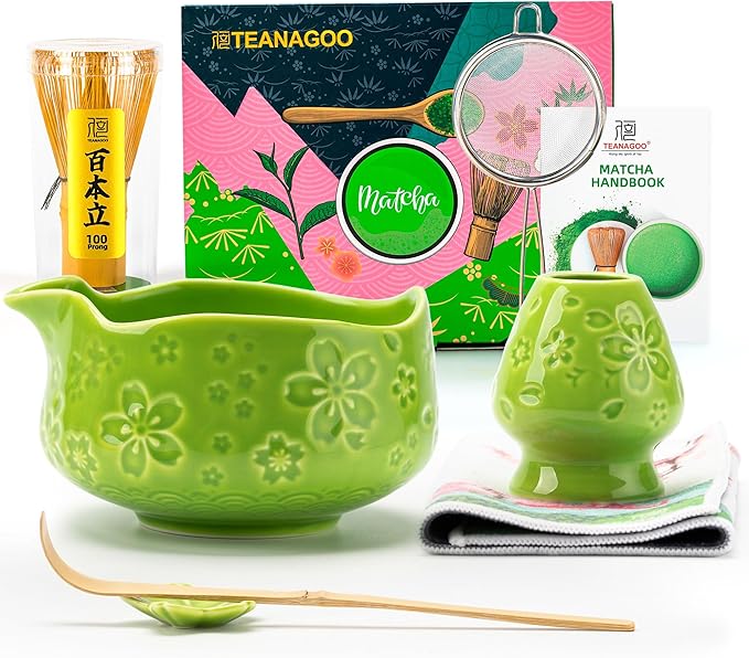 TEANAGOO 7-PCS Green Matcha Whisk Set, Complete Ceremony Start Kit, Ceramic Chawan Bowl with Spout, Whisk & Accessories, Traditional Matcha Tea Set for Lattes& Gift Giving