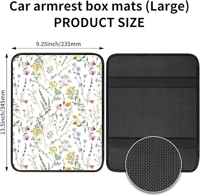 Car Center Console Cover, Universal Soft Large Neoprene Auto Armrest Seat Box Cover, Funny Car Decor Accessories Fit for Most Cars, Vehicles, SUVs Cute Beautiful Wildflowers