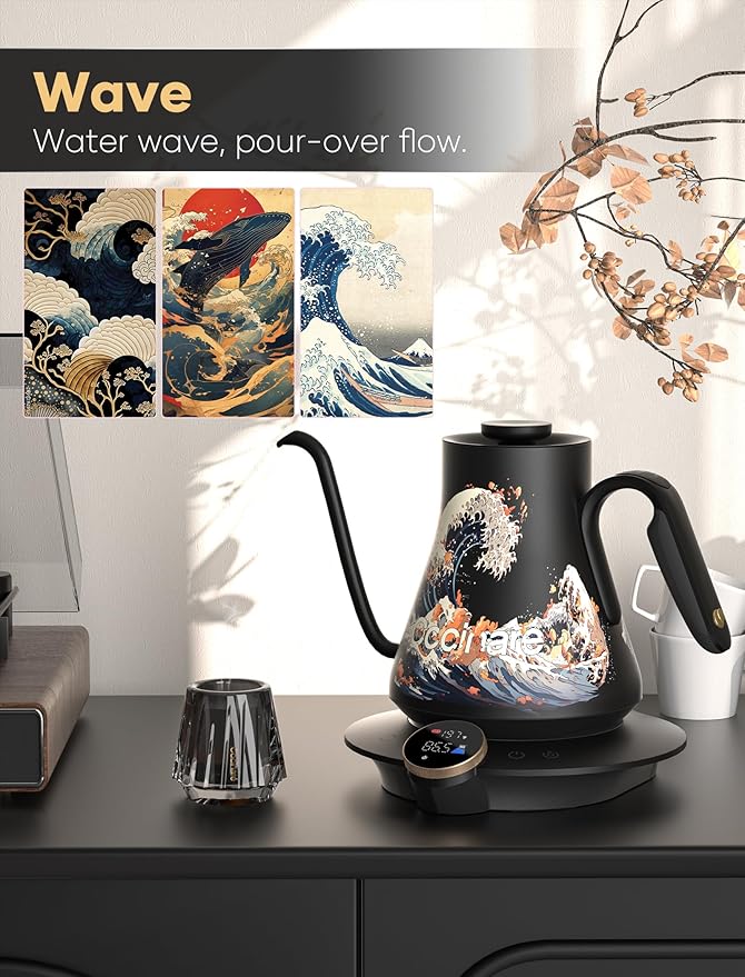 Cocinare Artisan Collection Wave Gooseneck Electric Kettle, ±0.5℉ Precise Temperature Control for Pour-Over Coffee & Tea, Quick Heating 1500W, Stainless Steel Interior, 0.9L