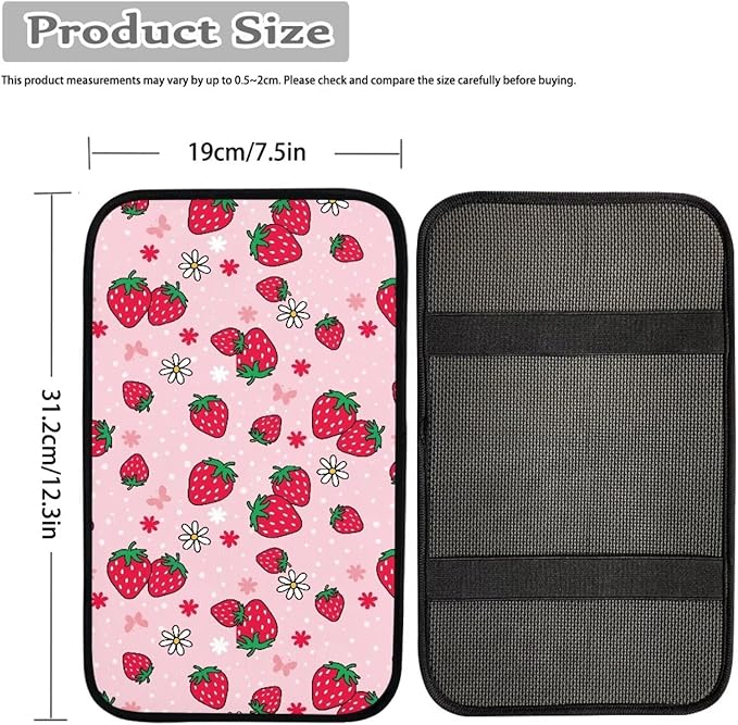 Horeset Strawberry Car Armrest Cover Pad Decor Protection Non-Slip Comfortable Arm Rest Storage Box, Easy to Install/Universal Fit