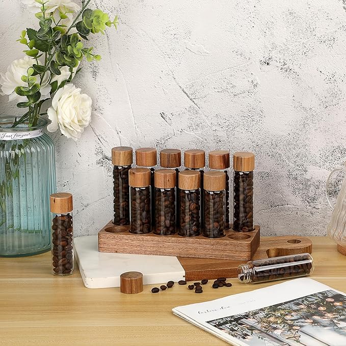 JUXYES Set of 12 Single Dose Coffee Bean Storage Tubes with Wooden Stand and Lids, Dosing Glass Vials for Coffee Storage, Coffee Bean Container Cellars, Espresso Bean Canisters Set, 2 fl oz, 1.7 fl oz