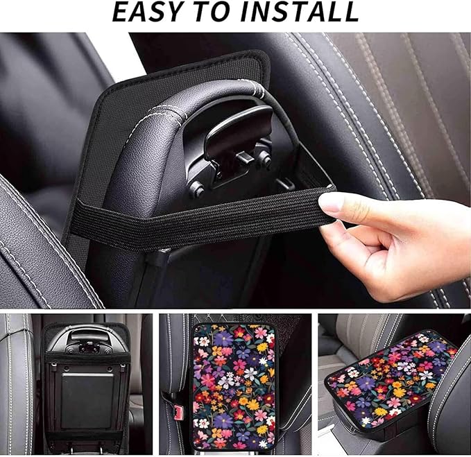 Car Center Console Cushion Pad Red Floral Armrest Seat Box Cover Protector Boho Hippie Flower Comfortable Decor Accessories for Most Cars, Vehicles, SUVs Daisy Pink Arm Rest Lid Covers