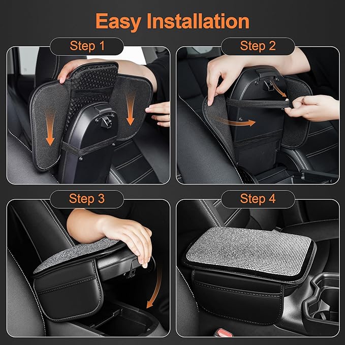 Bling Car Armrest Cover for Women Fit for Mazda CX-5 Custom Leather Center Console Cover with 2 Storage Pockets Crystal Rhinestones (Black)