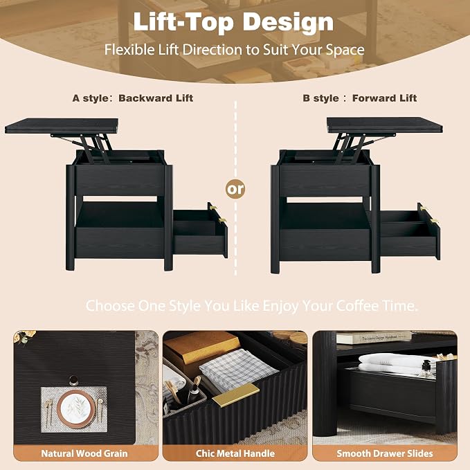 HUAHUU 40" Lift Top Coffee Table with Storage, 4 in 1 Square Coffee Table with Hidden Compartment & Open Shelf & 2 Drawers, Modern Coffee Tables with Lifting Top for Living Room, Home, Office, Black