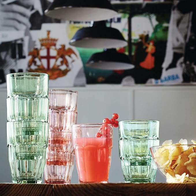 Bormioli Rocco Rock Bar 12.5 oz. Long Drink Stackable Tempered Beverage Glasses for Cold Drinks, Water, and Cocktails, Set of 6, Mint Green