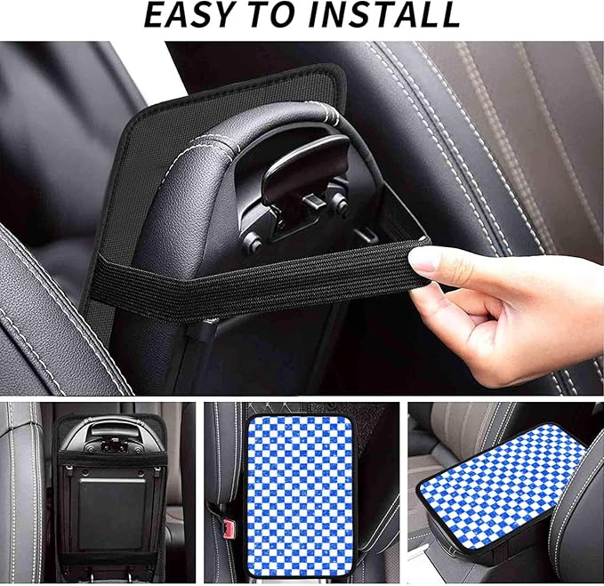 Glitter Blue White Checkered Chessboard Flag (2) Car Armrest Pad Cute Cars Center Console Cover Auto Handrail Box Cushion Armrests Cover