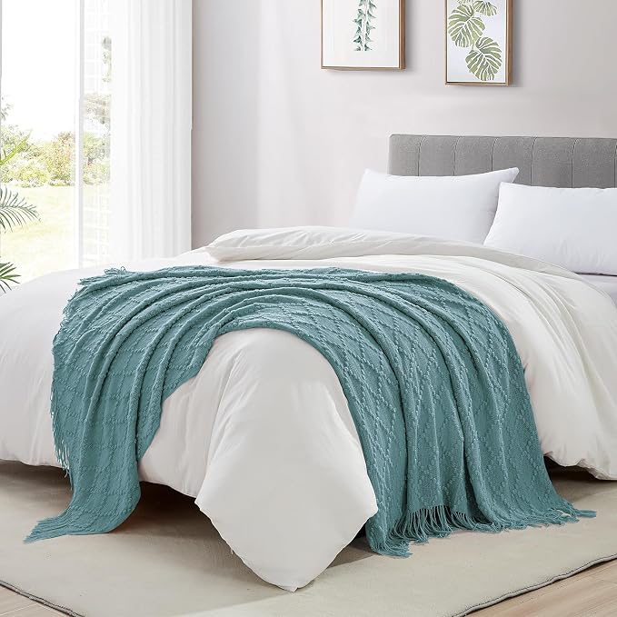 BOURINA Blue Throw Blanket 50 x70 Inches Jacquard Argyle Throw Textured Solid Soft Throws and Blankets for Sofa or Bed Knitted Decorative Blanket