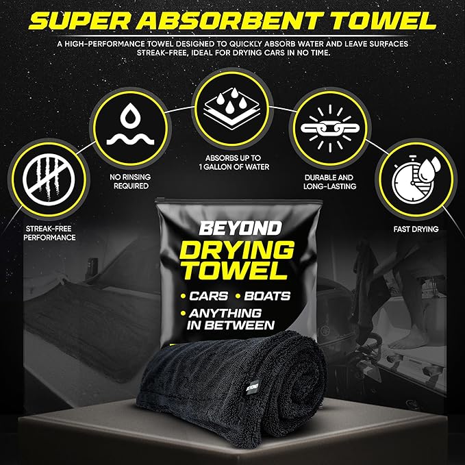 Beyond Drying Towel 1300 GSM - Super Absorbent Large Premium Microfiber Detailing Towel for Cars and Boats - Twisted Loop Microfiber Technology - One-Pass Scratch and Streak Free - 24' x 36' Black