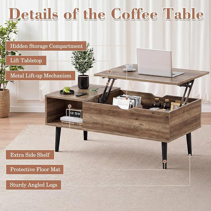 Sweetcrispy Coffee Table Lift Top Coffee Tables for Living Room,Small Rising Wooden Center Tables with Storage Shelf and Hidden Compartment, Grey