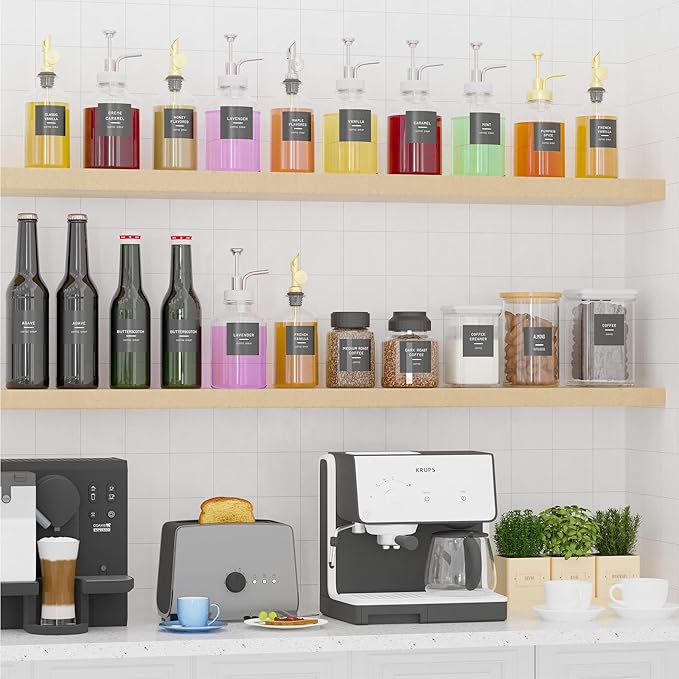 89 Coffee Syrup Labels for Coffee Bar Accessories, Minimalist Preprinted Coffee Stickers for Coffee Station, Essentials for Syrup Bottle & Dispenser Organization