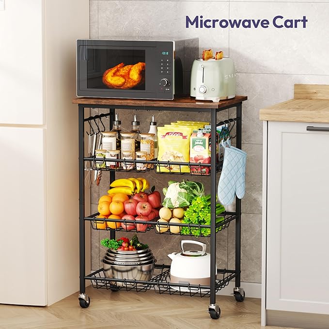 SWTYMIKI Rolling Kitchen Storage Cart - 4 Tier Microwave Table Stand with 6 Storage Baskets, Coffee Bar with Wheels, Kitchen Utility Cart Shelf Rack Organizer for Fruit, Vegetables, Potato (Brown)