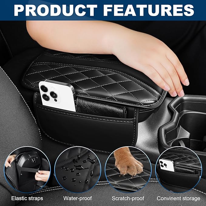 Car Center Console Cover Fit for Volkswagen Tiguan Waterproof Console Cover with 2 Storage Bags Leather Armrest Cover Scratch & Wear Resistant(Redline)