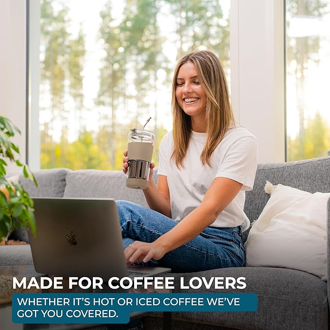 19 oz. Clear Double Wall Glass Coffee Tumbler, To Go Glass Travel Mug with Lid and Straw, Reusable Cup Tea, Smoothies, Ice Coffee, and Boba (White Biege)