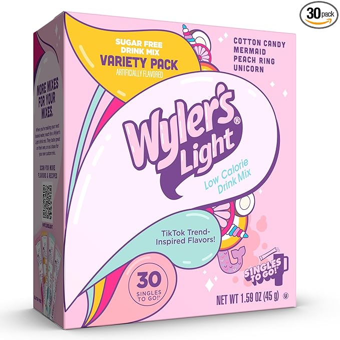 Wyler’s Light Singles To Go Water Drink Mix, 30 Sticks, V1 Fun Flavors Pack (Cotton Candy, Mermaid, Peach Ring, Unicorn), Sugar Free, Low Calorie