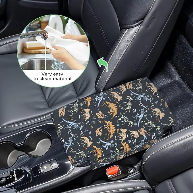 Dreaweet Dinosaur Car Accessories Thick Center Console Cover with Pockets Cute Car Armrest Storage Box Mat,Universal Comfortable Arm Rest Cover for Car Center Console Armrest Cover Pad
