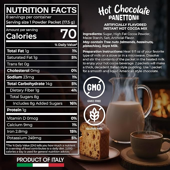 Cafe Garibaldi Premium Panettone Hot Chocolate - Instant Cocoa Mix with Cocoa Powder, Gluten-Free & GMO-Free, 8 Servings x 0.62oz Packets, Ideal Italian Hot Chocolate Gift
