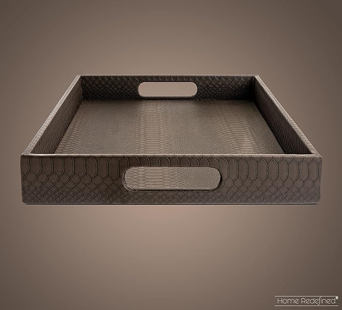 Modern 17.5"x12" Rectangle Brown Snake Faux Leather Decorative Tray Serving Tray with Handles Ottoman Coffee Table Dresser Living Room Kitchen Tray by Home Redefined for All Occasion's.