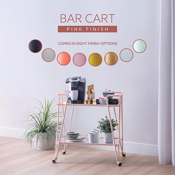 Gina Pink Mid-Century Bar Cart with Mirrored Shelves and Locking Wheels by Linon