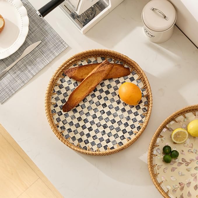 YANGQIHOME Round Rattan Tray with Handle, Mother of Pearl Inlay Decorative Wicker Basket for Coffee, Bread, Fruits, Serving Tray for Home Decor, Checkerboard