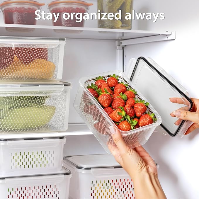 3 PCS Large Fruit storage Containers for Fridge - Leakproof Food Storage Containers with Stainless Steel Colander - Dishwasher safe Produce Containers Keep Fruits, Vegetables, Berry, Meat Fresh longer