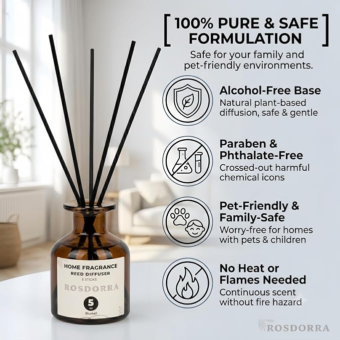 Reed Diffuser Set, Bluebell Scent, 5 oz | Home Fragrance, 5 Sticks Included, Fresh wild floral notes; 90 days constant release;