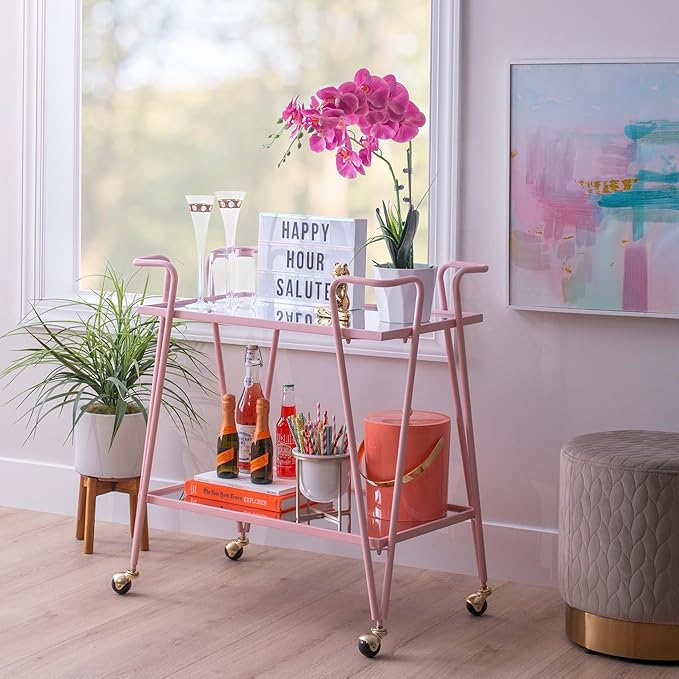 Gina Pink Mid-Century Bar Cart with Mirrored Shelves and Locking Wheels by Linon