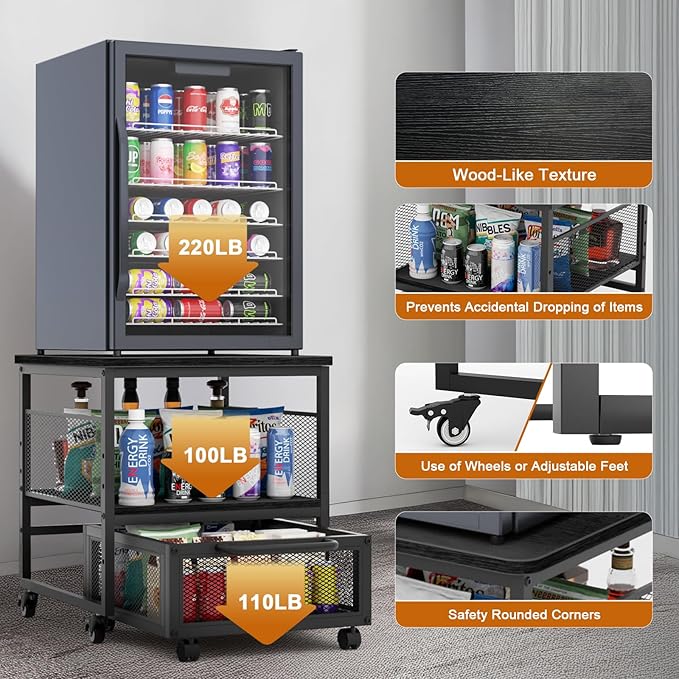 21x21in Mini Fridge Stand with Storage, Heavy Duty Mini Fridge Table with 4 Lockable Wheels for Coffee Bar 220LBS Compact Beverage Refrigerator Stand Cabinet Dorm Fridge Cart for Office Home (Black)