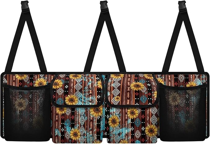 CLOHOMIN Aztec Trunk Organizer for Car Sunflower Car Backseat Hanging Organizer for SUV Van Car Cargo Storage Collapsible with 4 Pockets Adjustable Straps