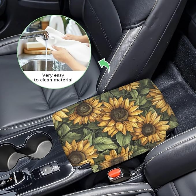 Dreaweet Car Center Console Cover with Pockets Vintage Sunflower Print Car Accessories Soft Thick Car Arm Rest Cover Pad Universal Armrest Cover for Car Truck SUV Van