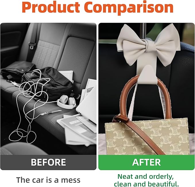 2PCS Car Seat Headrest Hooks, Cute Bow Shaped Car Purse Hook, Backseat Storage Hooks for Purses, Coats, Car Accessories (white)