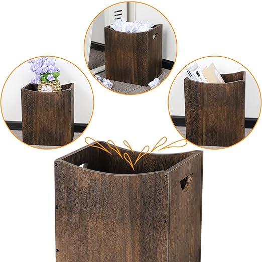 Vrisa Wood Trash Can 5.3 Gallon Office Wastebasket Farmhouse Rectangular Garbage Can with Built-in Handles Small Trash Can for Bedroom Office Kitchen Bathroom Under Desk Large Storage