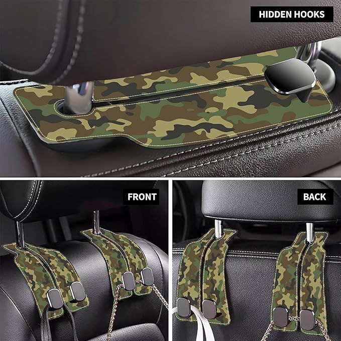 Camouflage Car Headrest Purse Hanger Camo Hunting Forest 1 Pack Bag Purse Holder for Car Premium Leather Double Metal Hook for Handbags, Grocery Bags and Phones