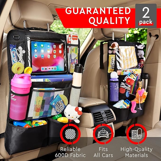 Trail maker 2 Pack Backseat Car Organizer, Kick Mats Back Seat Protector with Touch Screen Tablet Holder, Back Seat Organizer for Kids, Travel Accessories with 9 Storage Pockets