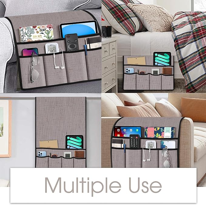 Joywell Armrest Organizer Remote Holder for Recliner Armchair Caddy Couch Sofa Arm Chair Caddie with 6 Pocket Storage for Magazine, iPad, Phone, White Sand