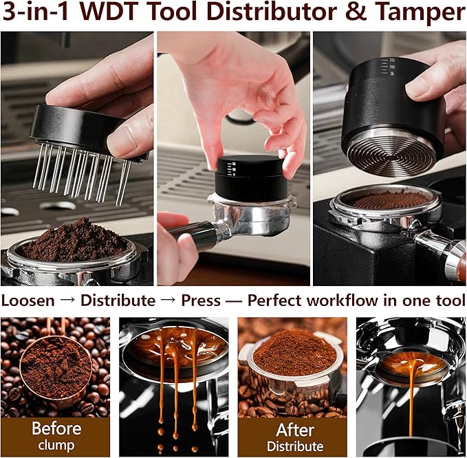3-in-1 Coffee Distributor and Tamper with WDT Tool – Espresso Distribution Tool Set, Professional Espresso Accessories Kit, Fits 58mm Portafilters (58mm)