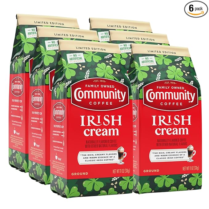 Community Coffee Irish Cream Flavored Ground Coffee, Medium Roast, 11 oz Bag (Pack of 6)