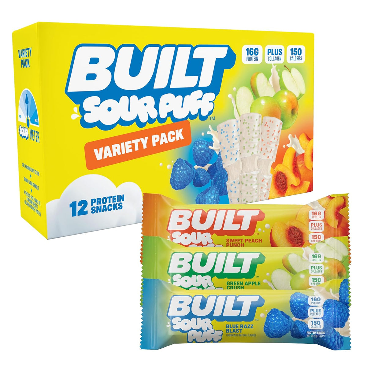 BUILT Bar Sour Puff Protein Bars - Variety Pack - 16g Protein Snack Bars with Collagen - Calorie Conscious & Gluten Free - 12 Count