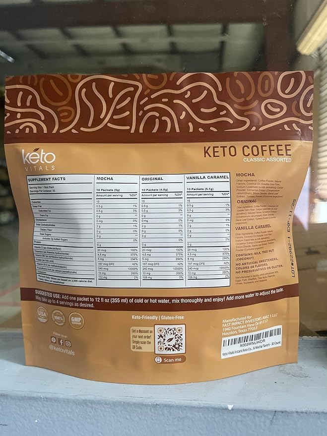 Keto Vitals Instant Keto Coffee Powder with MCT Oil & Vitamins - Low-Calories, Low-Carb, No Artificial Sweeteners – Energy & Metabolism Support – 30 Single-Serve Sticks (Original, Vanilla & Mocha)