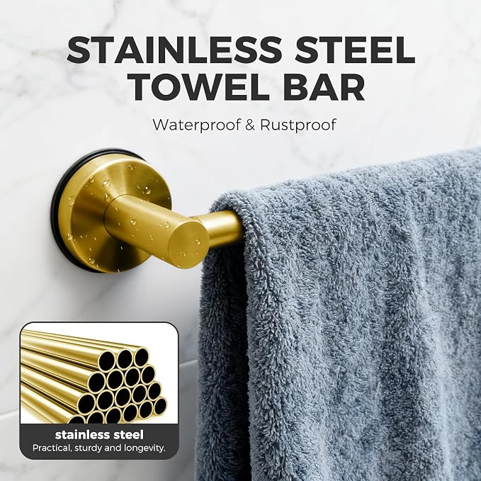 Adjustable Suction Cup Towel Bar for Bathroom Wall,17 Inch~29 Inch Towel Racks for Bathroom,Stainless Steel Bath Towel Holder for Shower(Brushed Gold)