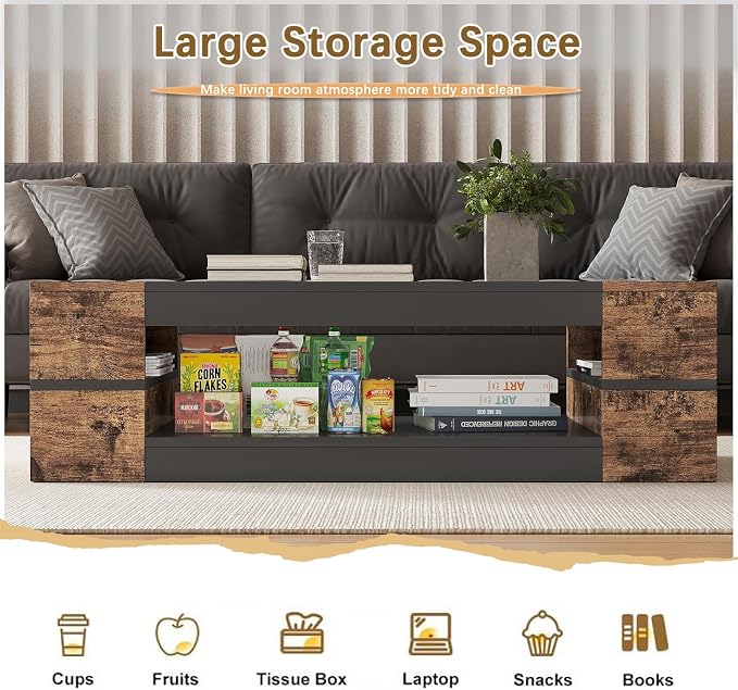 HedoAjim 47.2" Modern Stylish Coffee Table with Glass Table Top, Large Living Room Table Rectangular 2-Tier Center Tables with Storage, Wood Cocktail Tea Tables for Dining Reception Room (Rustic)