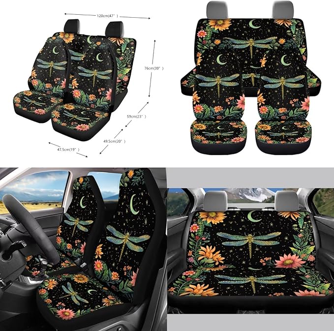 Dragonfly Flower Printed Car Interior Cover Sets, Set of 10, Includes Car Front and Rear Seat Protector, 15 Inch Steering Wheel Cover, Coaster, Trash Can, Air Vent Storage Bag, Keychain
