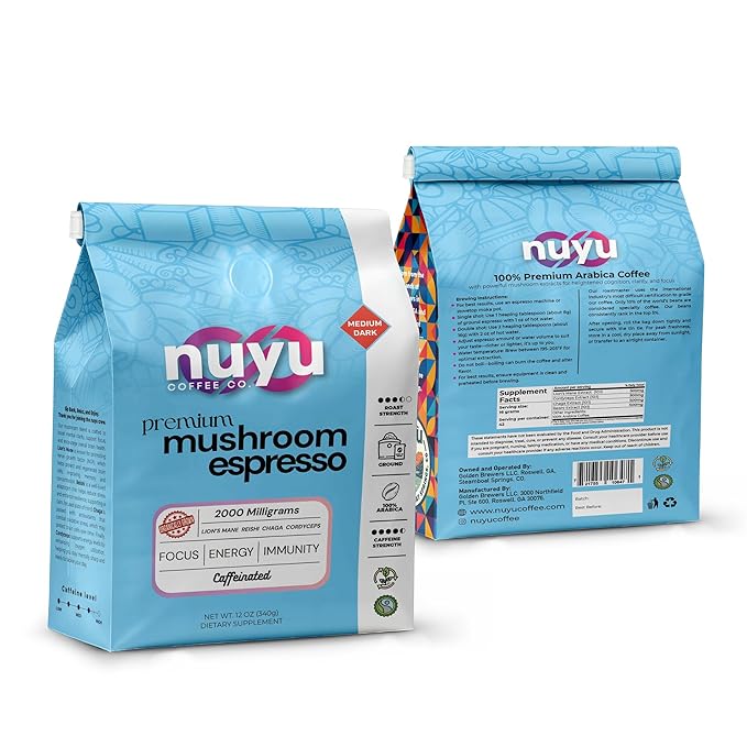 Nuyu Premium Mushroom Coffee, 12 oz, Fine Espresso Ground 100% Arabica, 2000mg Functional Mushrooms, Lion's Mane, Reishi, Chaga, Cordyceps for Cognition, Energy and Wellness (12oz, Espresso Roast)