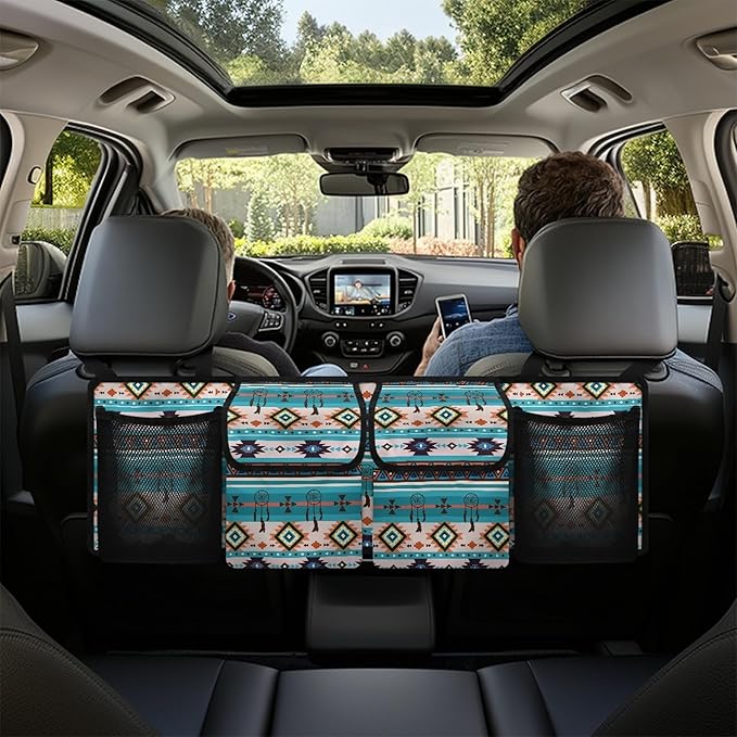 CLOHOMIN Blue Aztec Trunk Organizer for Car Fashion Car Storage Oraganizer Washable Back Seat Hanging Storage with 4 Large Pockets Multi Cargo Storage Bag for SUV Car Sedan