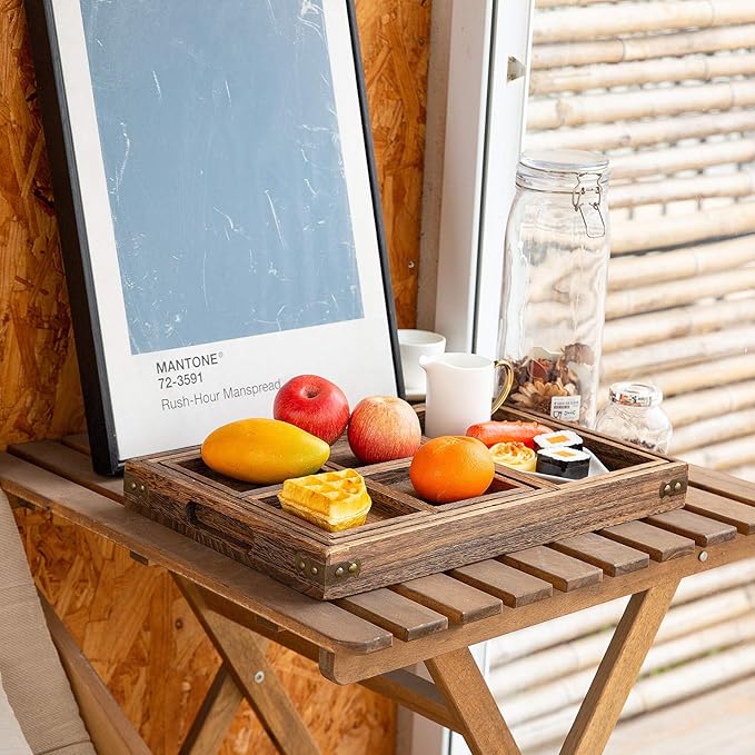 Yangbaga Rustic Wooden Serving Trays with Handle - Set of 7 Rectangular Platters for Entertaining, Breakfast, Coffee Table, Home Decor