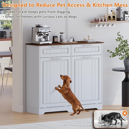 Double 10 Gallon Tilt Out Trash Can Cabinet with Deodorizing Function and Power Outlet, Wooden Hidden Garbage Can Holder with 2 Storage Drawers for Kitchen, Laundry Hamper Cabinet for Bathroom, White