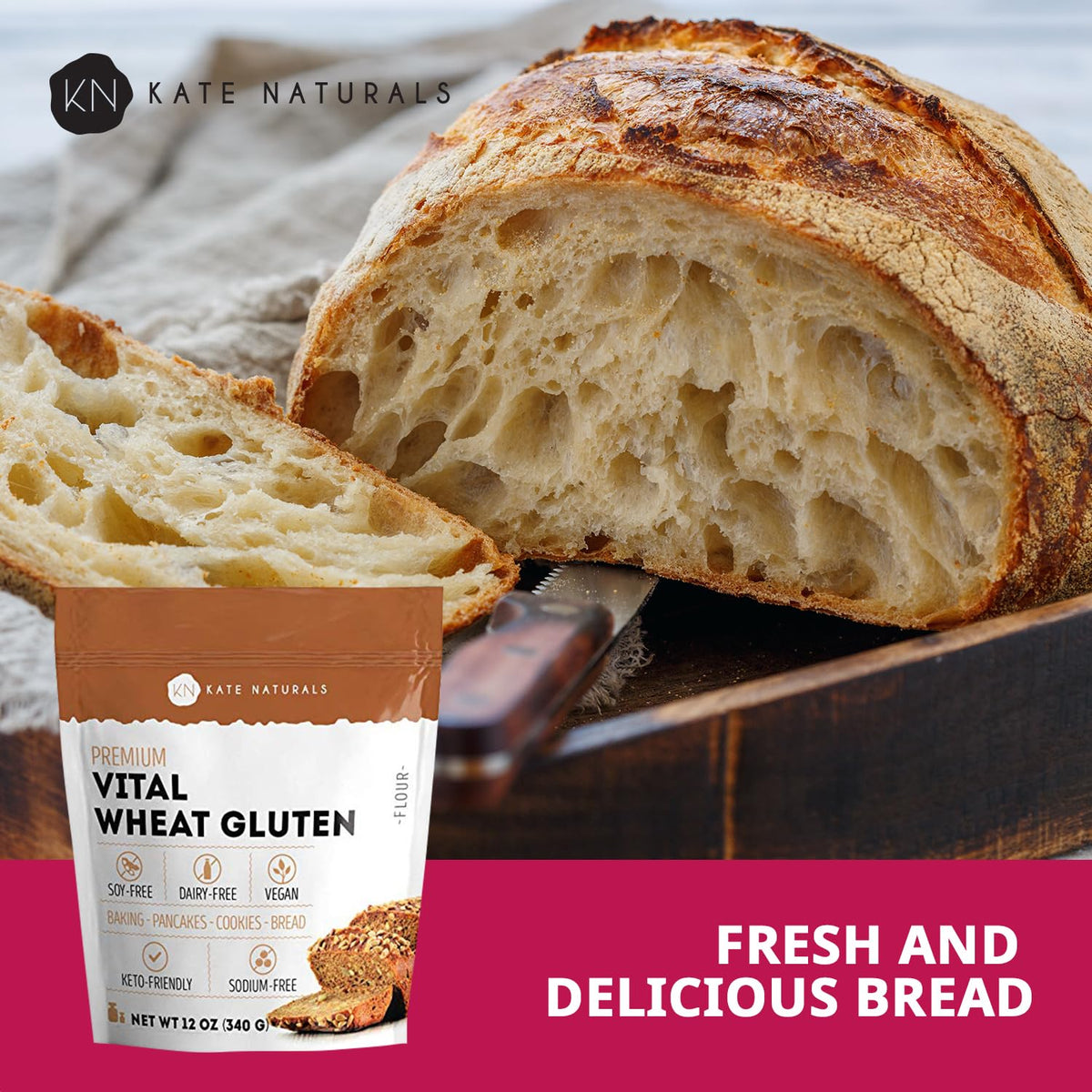 Kate Naturals Vital Wheat Gluten, 12oz, High Protein Flour for Bread, Seitan, and Keto Baking