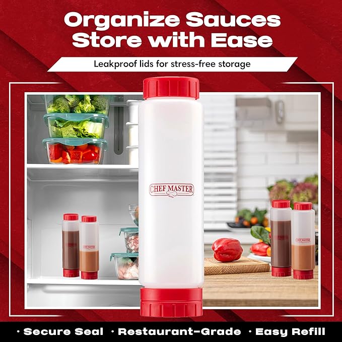 Chef Master Squeeze Bottles for Sauces (20oz) - Inverted, FIFO Refillable Bottle - Condiment Squeeze Bottles for Liquids, Sauces, Batter & Dressing - Made for Restaurants, Diners & Food Trucks - 90291