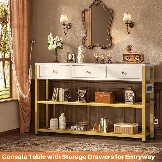 Ecoprsio 47'' Entryway Table with Outlets and USB Ports, Console Table with 3 Drawers, Sofa Table Narrow Long with Storage Shelves for Living Room, Couch, Hallway, Foyer, White and Golden