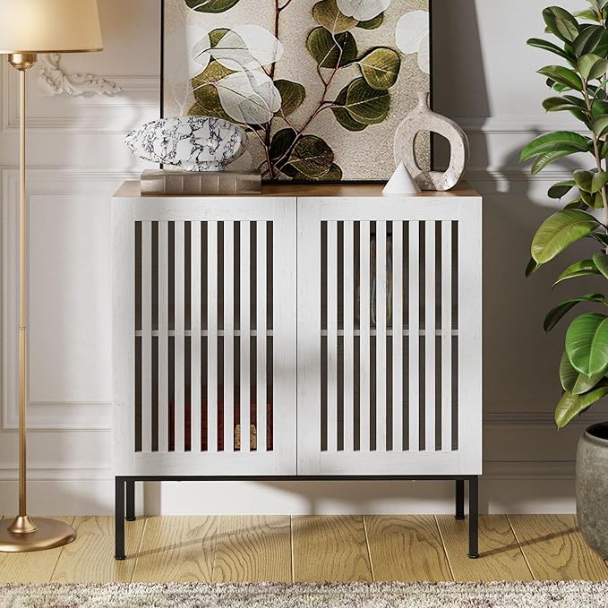 31.5" Farmhouse Buffet Cabinet with Metal Base, Adjustable Shelf & 2 Doors, Antique White Storage Sideboard for Kitchen, Dining & Living Room